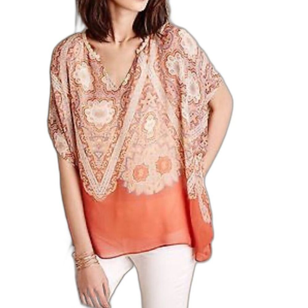 Anthropologie Maeve Women's Orange Paisley 100% Silk Sheer Poncho Top Size S